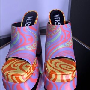 Versace “Medusa Music Printed Mules” multicolored platform sandals
